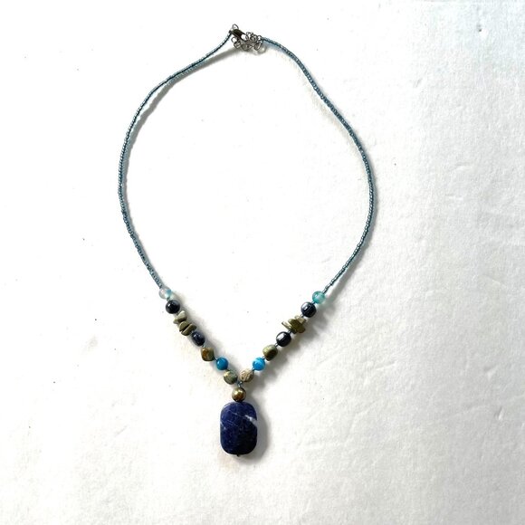 Handcrafted Beaded 18" Necklace With Blue Gemstone Pendant & Adjustable Lobster - Picture 2 of 4